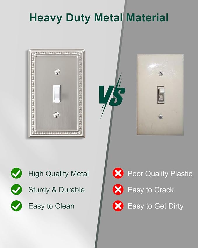 6-Pack Single Toggle Light Switch Cover Plate, Pearls Decorative Switch Plate Covers, Brushed Nickel 1 Gang Metal Wall Plate