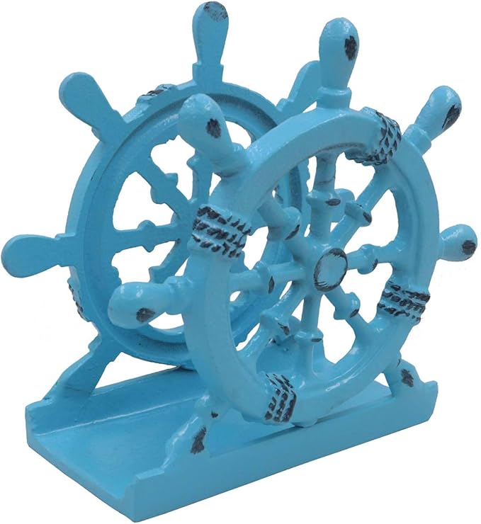 THDC Nautical Napkin Holder, Lunch, Dinner, Nautical Collection Napkin Holder, Made of Metal (Wheel Distressed Blue)