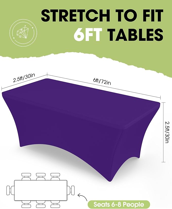 Pureegg Spandex Tablecloth 6ft - 2 Pack, Fitted and Tight Cloth for Rectangle Table, Wrinkle-Free and Stretch Table Cover for Party, Wedding, Banquet and Birthday, Purple