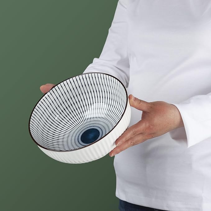 60 oz Large Soup Bowls, Pho Bowls, 8 Inch Blue and White Ceramic Japanese Ramen Bowls Set of 3 - Striped Pattern