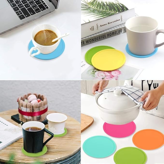 4" Non Slip Coasters Heat Insulation Colorful Unique Slice Silicone Drink Cup Mat,Anti-Slip Cup Coasters Protect Furniture and Table from Water Marks and Scratch Damage.Mixed Color(10pcs)