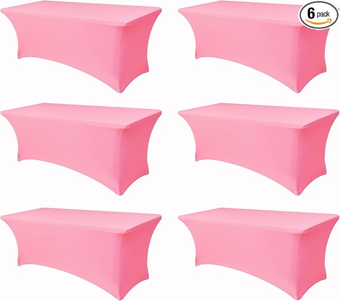 Table Cover for 6 Foot Rectangle Tables-6 Pack Pink Fitted Stretch Tablecloth-Elastic Spandex Tablecloths for Party, Wedding, Vendor Booth Display, Banquet Buffet Event, Craft Trade Show