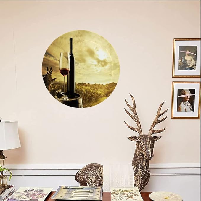 Decorative Plates, Wine Print Ornament, Red Wine Bottle and Glass on Wooden Barrel, 8 Inch, 1 Plate with 1 Display Stand, Light Coffee Green Black