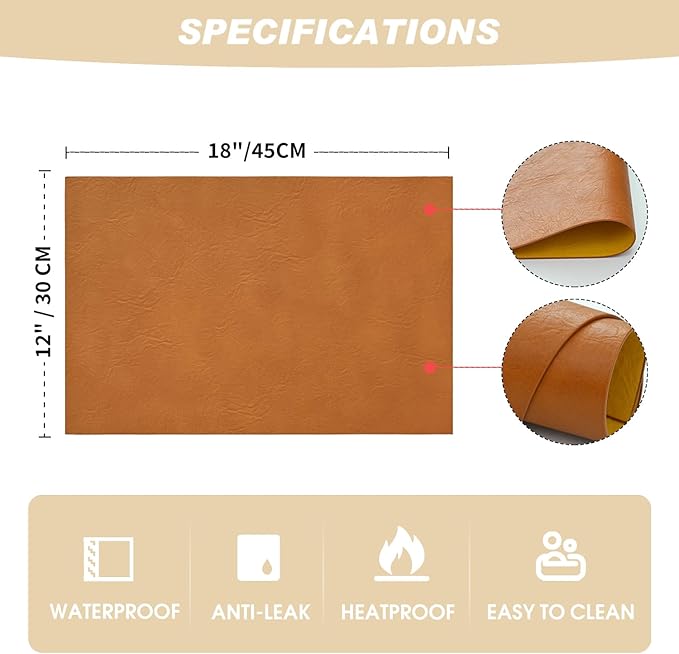 Artoid Mode Rust Faux Leather Placemats Set of 6, 12x18 Inch Waterproof Wipeable Heat Resistant Vinyl Place Mats, Reversible Table Mats for Fall Kitchen Dining Decor