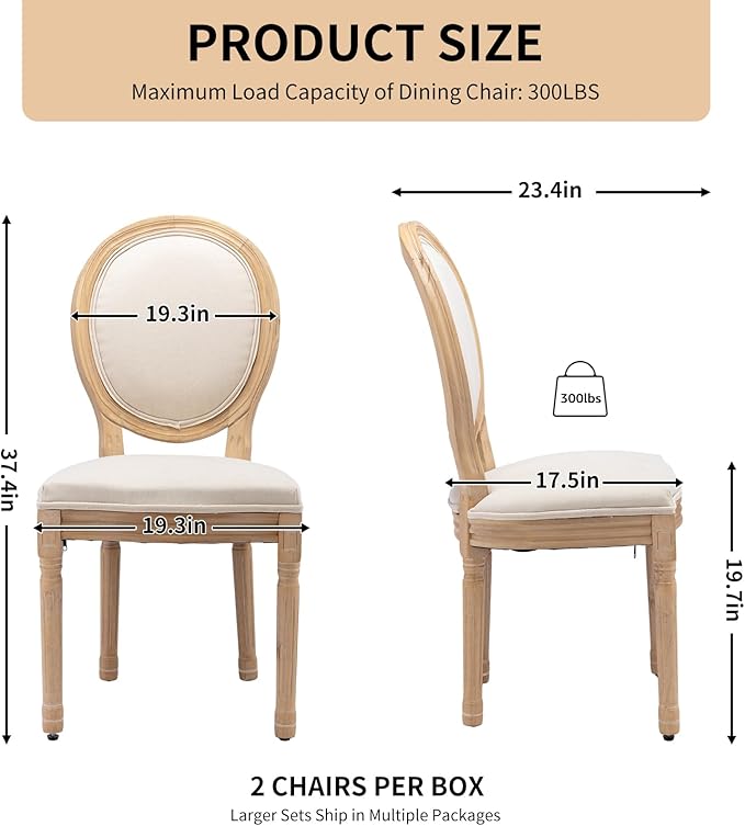 Vintage French Dining Chairs Set of 2, Round Back Accent Chairs with Linen Seat and Solid Wood Frame, Farmhouse Sillas de Comedor Upholstered for Dining Room & Kitchen, Beige