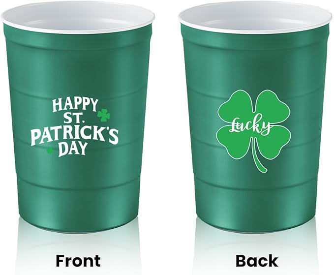 16 oz. Party Cups 'St. Patrick's Day' Clover Design for Cold Drinks, Durable, Disposable, Recyclable, Made in USA, Green, 12 Count