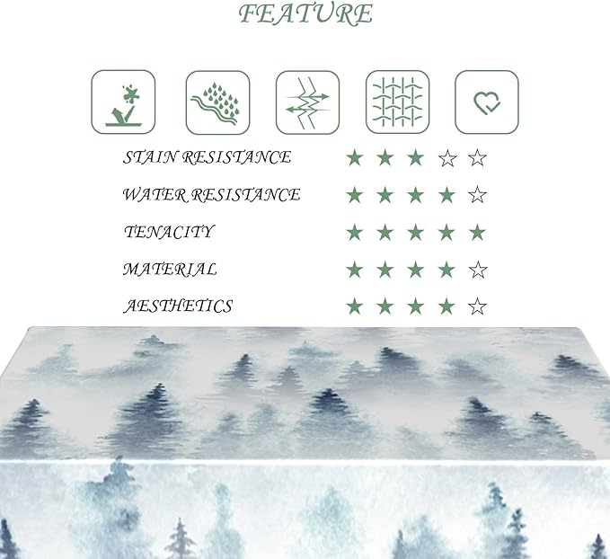70x140 Inch Nordic Winter Nature Rectangle Tablecloth Misty Foggy Pine Trees Forest Table Cloth Waterproof Stain Resistant Table Cover for Kitchen Dining Picnic BBQ Home Holiday Party