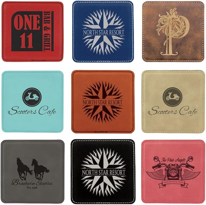 Custom Engraved Coasters | Personalized Leather Coaster | Set of 6 | Drink Coasters with Holder | Laser Engraved | Tabletop Protection | Gift for Couples (Square 4" x 4", Teal w/Black)