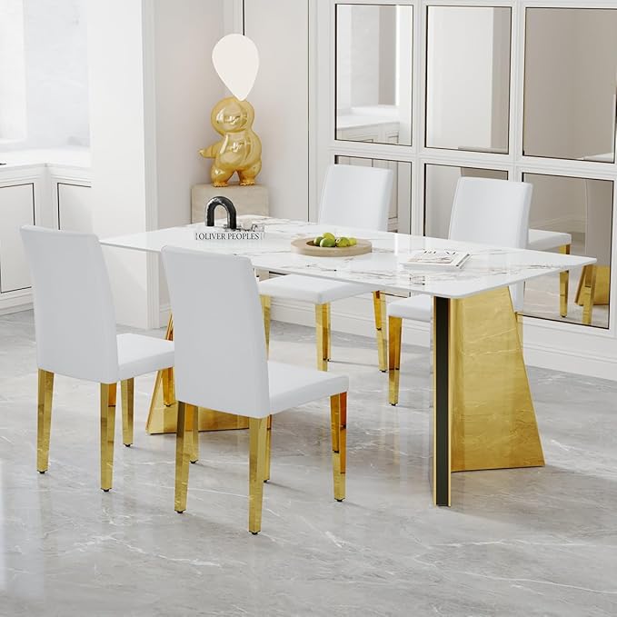White Dining Chairs Set of 4,Faux Leather with Gold Metal Legs,Armless Kitchen Room Chairs Set of 4,Max Load 300 Lbs,High Back Modern Design for Home Kitchen Living Room Bedroom