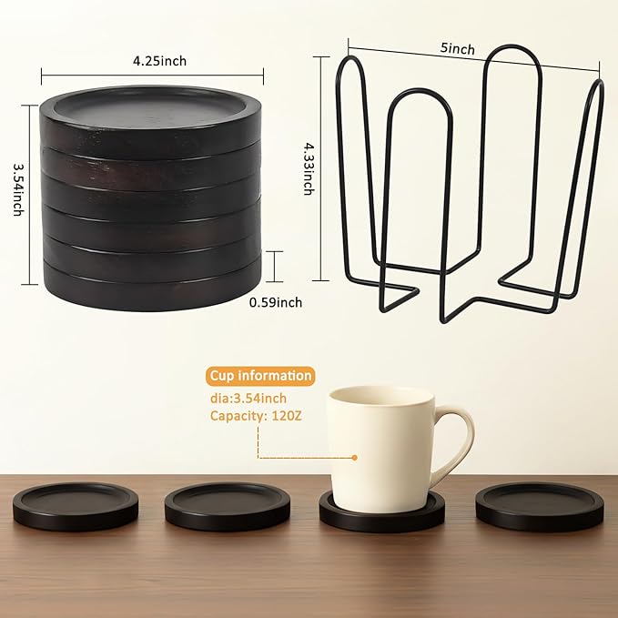 Wooden Coasters for Drinks Set of 6 with Holder, Handicrafted Solid Wood Coasters, Minimalist Tabletop Protection for Coffee Table, Rustic Home Decor & Housewarming Gift