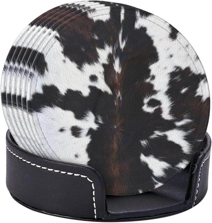 Cow Print Coasters for Drinks with Holder Round Leather Coasters Set of 6 Cups Mugs Mat Pad for Home Kitchen Bar