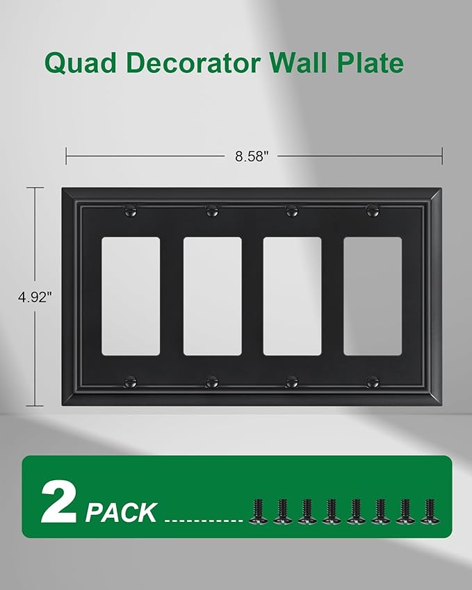 2-Pack Quad Decorator Wall Switch Cover, Black Decorative Switch Plates and Outlet Covers, Natural Bamboo Fiber 4 Gang Wall Plate for Electrical Outlets, Receptacle, GFCI Outlet, Dimmer Switch