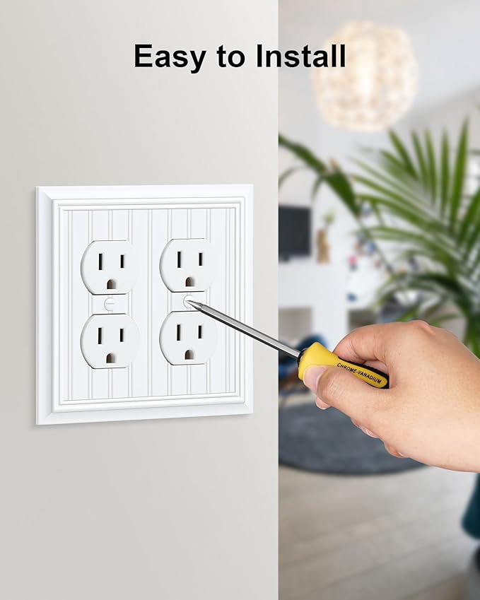 2-Pack Classic Beadboard Double Duplex Outlet Cover, Pure White Decorative Switch Plates and Outlet Covers for Electrical Outlets, Durable Natural Bamboo Fiber Wall Plates, 2 Gang Receptacle Cover