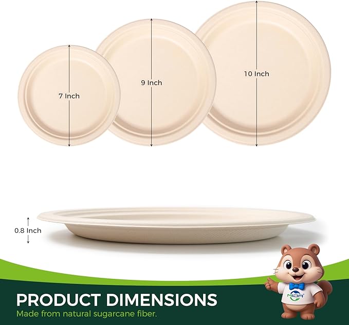 100% Compostable Plates - 125-Count Heavy Duty, Biodegradable Bagasse Plates - Eco Friendly and Sustainable (Natural, 7 inch)
