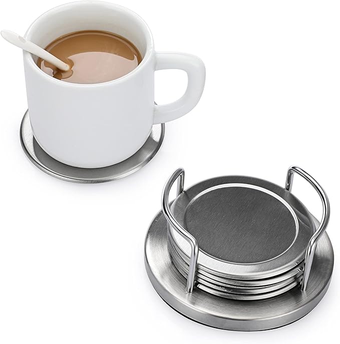 JUXYES Set of 6 Stainless Steel Round Coasters with Holder & Sponge Bottom, Silver Metal Cup Coasters Set Stunning Cool Coaster Cups Mats Decor for Restaurant Kitchen bar Dining Table