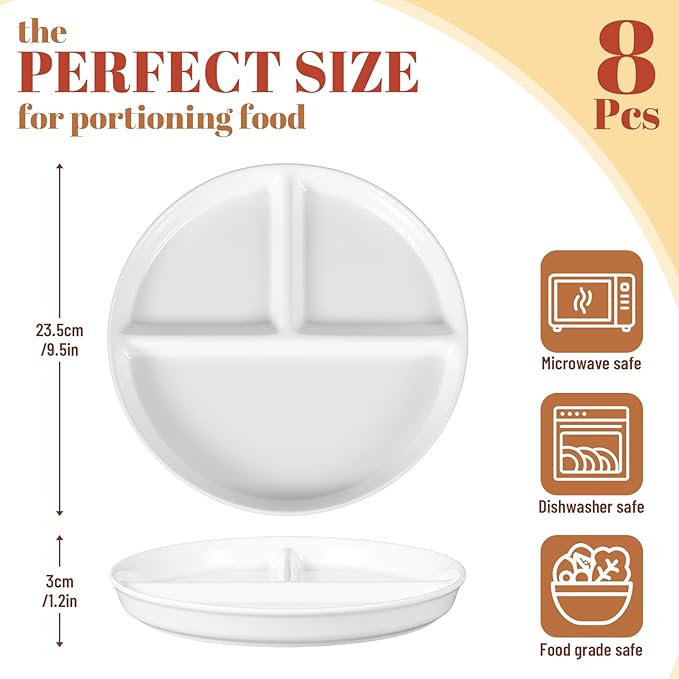 Lounsweer Set of 8 Pcs Portion Control Plate Ceramic Divided Bariatric Plates 3 Compartment Reusable Dinner Plates for Weight Loss Balanced Meal (9.5 Inch)
