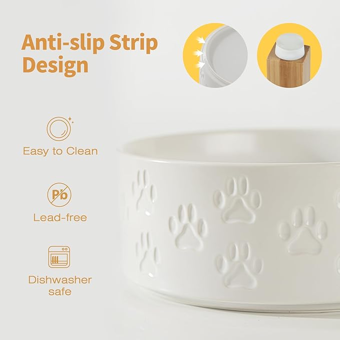 Elevated Ceramic Dog Bowls, 7.3" Dog Dishes with Stand, 5 Cup Elevated Food & Water Bowls for Medium Sized Dogs, Microwave Safe (Double Bowls + Stand - White, 7.3 inch)