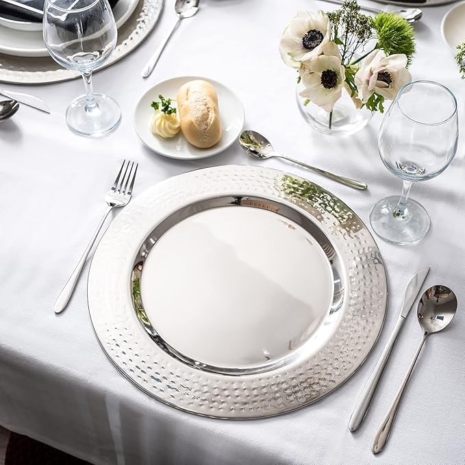 Stainless Charger Plate - 6 Pack - 13 inch Round Stainless Steel Chargers for Dinner Plates with Hammered Rim - Silver Charger Plates Set