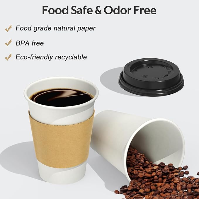 100 Pack 12 oz Disposable Coffee Cups with Lids and Sleeves, Sturdy Thick Paper & Leak-free Insulated to Go Paper Hot Coffee Cups with Sip Lids for Hot & Cold Beverage | with Lids, and Sleeves, Sturdy, Leak-free, Insulated, to Go Coffee Cups
