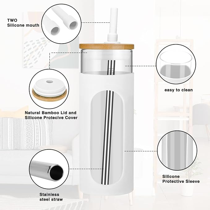 Tronco 22oz Glass Tumbler with Bamboo Lid and Straw, Reusable Iced Coffee Cup for Boba Tea, Smoothies & Cold Drinks, Spill-Proof Glass Cup with Silicone Sleeve, Dishwasher Safe, BPA-Free