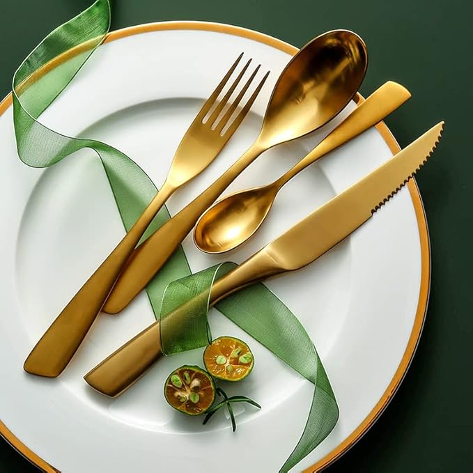 48 Piece Gold Silverware Set for 12,Modern Unique 18/10 Stainless Steel Flatware Cutlery Set, Eating Tableware Set,Vintage Luxury Style Cutlery Set for Home Restaurant Wedding Party