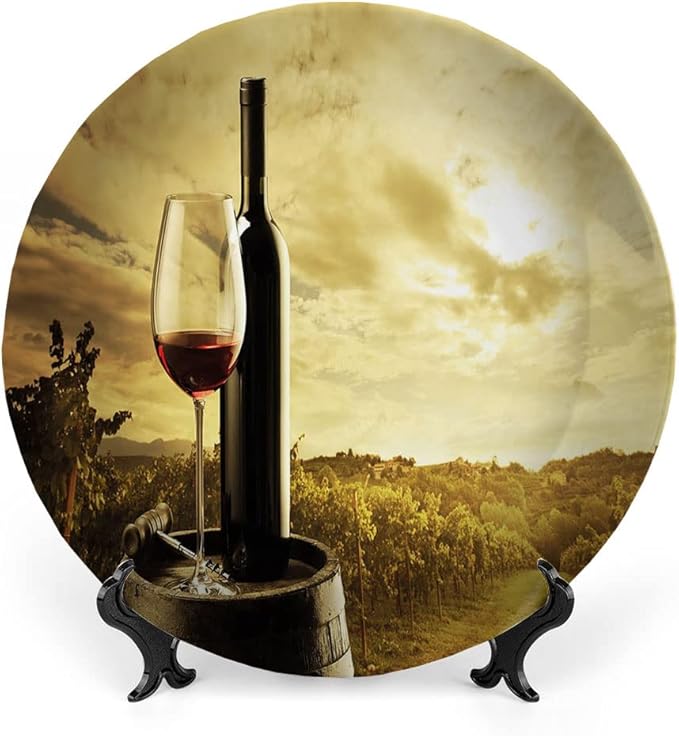 Ceramic Plates, Wine Decorative Ceramic Plates, Red Wine Bottle and Glass on Wooden Barrel, 6 Inch, Household Plates Decorative, Light Coffee Green Black