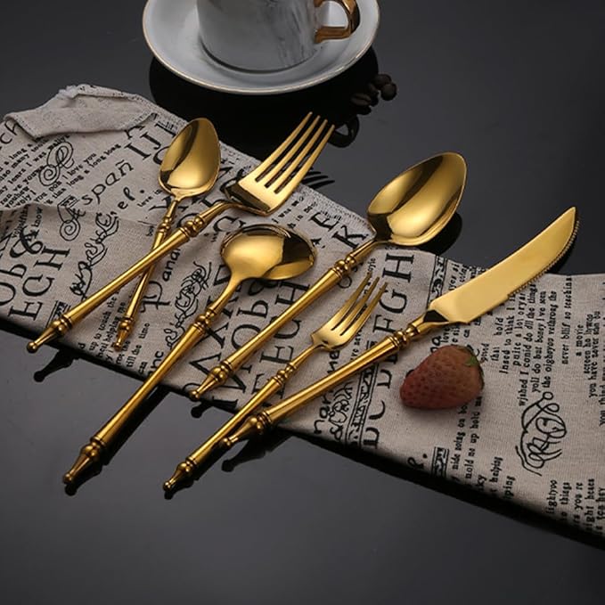 Gold Silverware Set for 8 Premium 18/10 Stainless Steel Flatware Set 32 Piece Include Knives Forks and Spoons Cutlery Utensils Light Luxury Vintage Style for Home Kitchen Christmas Restaurant