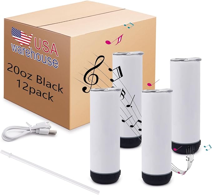 12pack 20oz cups Bluetooth Tumbler with Straw and Lid, Double-Wall Stainless Steel Vacuum Insulation Sublimation Tumbler Blank, RemovableRechargeable Bluetooth Wireless Speaker