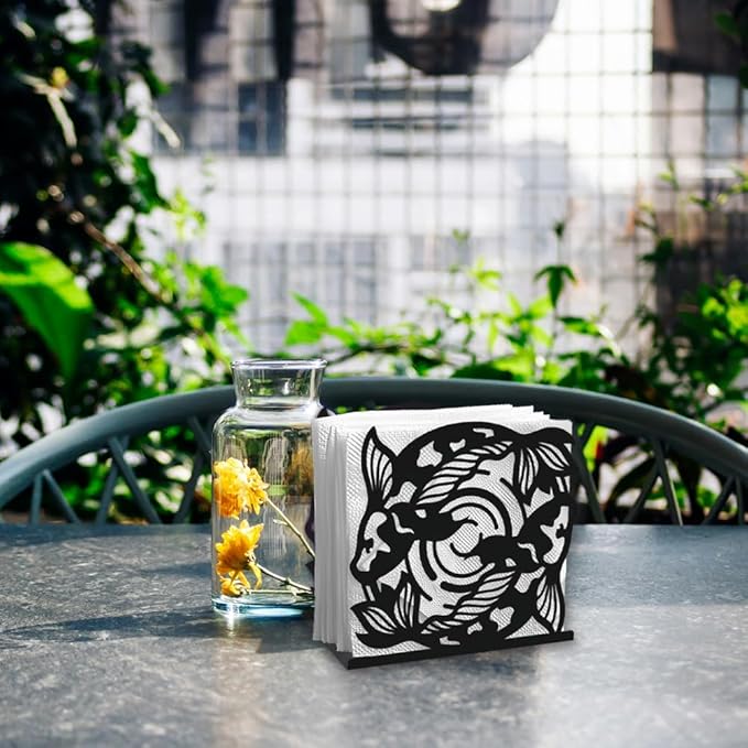 Koi Fish Decorative Black Metal Napkin Holder for Table, 5.3" x 4.9" x 1.9" Fish Animal Standing Napkin Holder for Home Kitchen Restaurant Picnic Party Coffee Bar Dining Room