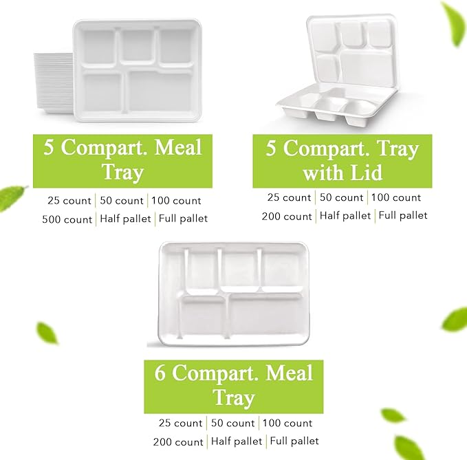 three leaf 6 COMPARTMENT BAGASSE TRAY 150 Ct. Heavy-Duty- Super Strong- Natural- Eco-Friendly Disposable Bagasse Plates, 100% Biodegradable 6 Compartment meal Plates