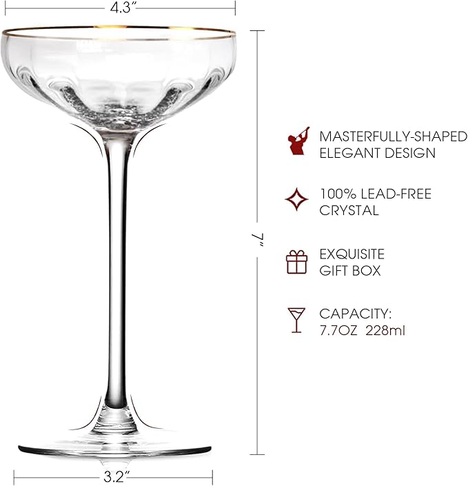 Vintage Martini Glasses Set of 2, Tall Stemmed Coupe Glasses, Gold Rim Cocktail Champagne Glasses, Perfect for Bar, Martinis, Margaritas, Parties, Ideal Gift Choice, 7.7oz Clear