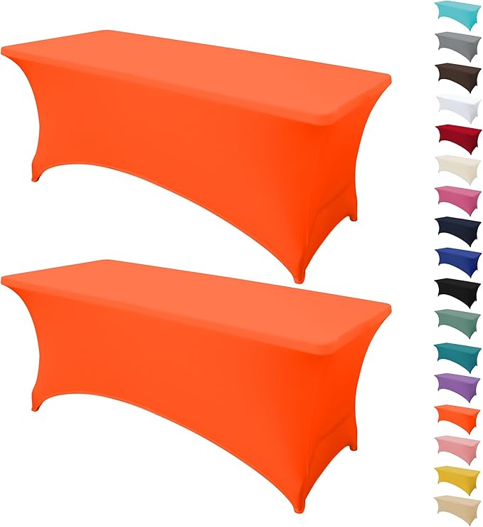 2Pack 8FT Table Cloth for Rectangular Fitted Events Stretch Orange Table Covers Washable Spandex Tablecloth Protector for Party, Wedding, Cocktail, Banquet, Festival