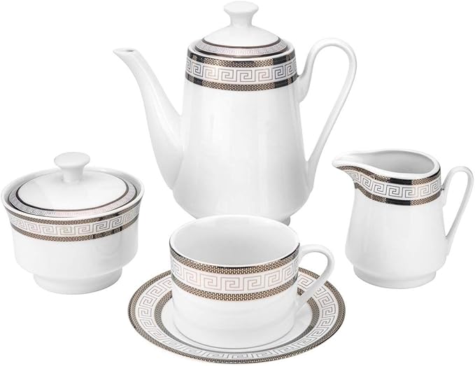 Euro Porcelain 57-pc Banquet Dinnerware Set, Luxury Tableware Dining Service for 8 (Greek Key Dark)