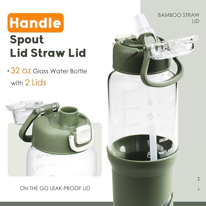 SIEROZUR 32 oz Glass Tumbler with Straw, Glass Water Bottles with 2 Lids-Handle Spout Lid & Straw Lid, 1 Liter Motivational Water Bottles, Silicone Sleeve, Fits Car Cup Holder,Olive