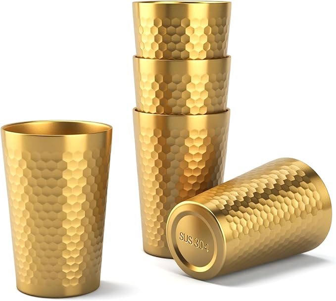 5 Pcs 12 oz Honeycomb Small Metal Cup, Double Wall Vacuum Stainless Steel Insulated Cup, Reusable Camping Cups Unbreakable Indoor Outdoor for Party, Home, Office, BBQ, Gold