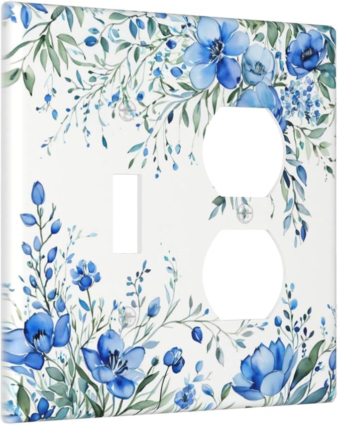 Light Switch Cover Plate Blue Watercolor Flowers Retro Floral Leaves 2 Gang Decorative Switch Plates 1 Toggle Duplex Combo Outlet Covers GFCI Wall Plates for Bathroom Bedroom Decor