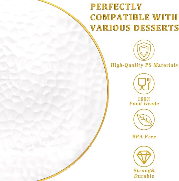 DaYammi 100 Pcs Gold Plastic Plates - 10 inch Clear Gold Dinner Plates Plastic Plates Disposable - Hammer Pattern Design - Fancy Disposable Plate - Heavy Duty Party Plate Ideal for Wedding