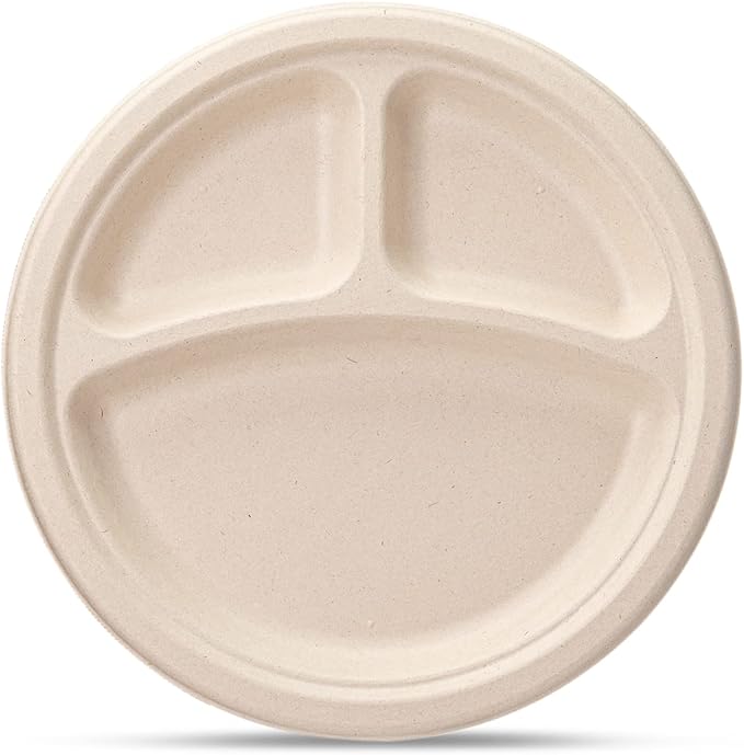 GUSTO [9 Inch - 125 Count Heavy-Duty 100% Compostable, 3 Compartment Eco-Friendly, Kraft Disposable Sugarcane Paper Plates - Brown Unbleached (Formerly Comfy Package)