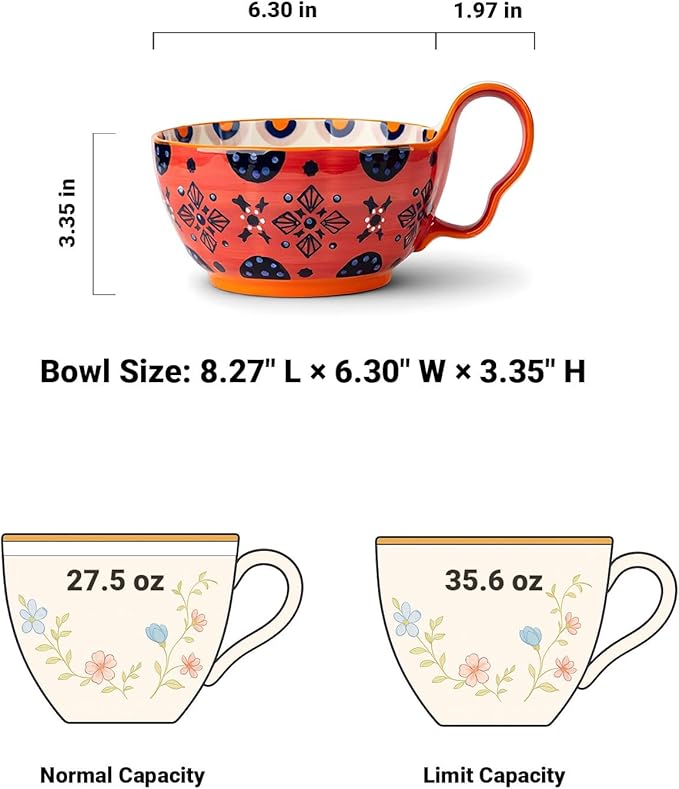 35oz Soup Bowls with Handles, Microwave Safe Large Ceramic Soup Bowl for Chili, Stew, Ice Cream, Berries & Fruits, Gift-Ready for Women, Christmas, Hostess Gifts & Fall Decor