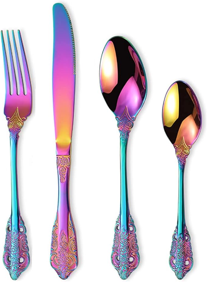 Vintage Colorful Silverware Flatware Set for 16, European Classic Style 64 Pieces Stainless Steel Tableware Cutlery Set,Fine Kitchen Utensils for Wedding Restaurant Hotel Christmas