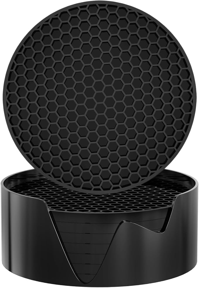 Silicone Coasters [8 Pack] with Holders Drink Coasters, for Hot or Cold Drinks Thickened, Non-Slip, Non-Stick (Black)
