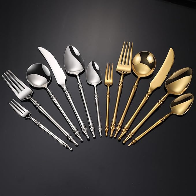 Gold Silverware Set for 6 Premium 18/10 Stainless Steel Flatware Set 24 Piece Include Knives Forks and Spoons Cutlery Utensils Light Luxury Vintage Style for Home Kitchen Christmas Restaurant