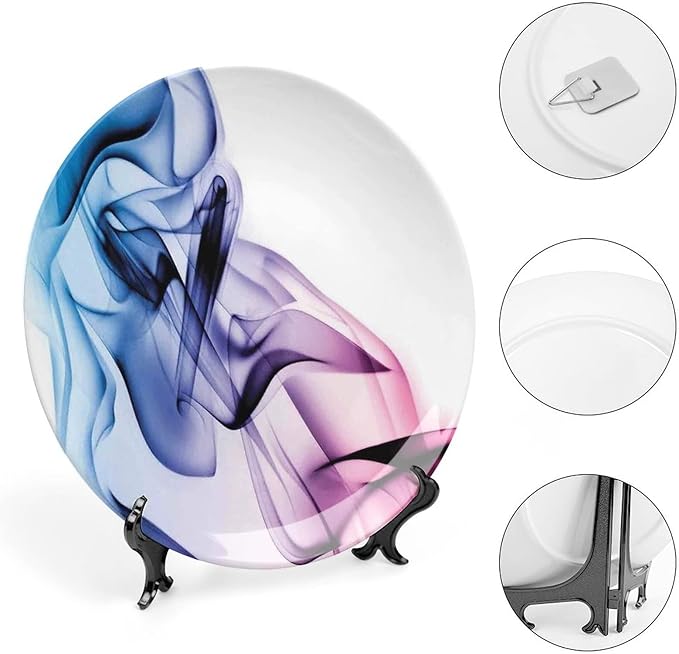 Ceramic Display Plate, Abstract Decor Ceramic Hanging Decorative Plate, Colorful Smoke Dynamic Flow Swirl Contemporary, 6 Inch, Household Custom Ceramic Plate, Fuchsia Blue