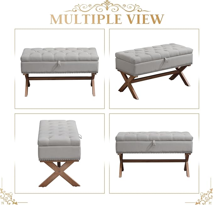 Bonzy Home 36" Tufted Entryway Bench with Storage,French Vintage Bedroom Bench with X-Shaped Legs, Linen Fabric Storage Ottoman Bench for Bedroom Dining Room Living Room Entryway, Gray