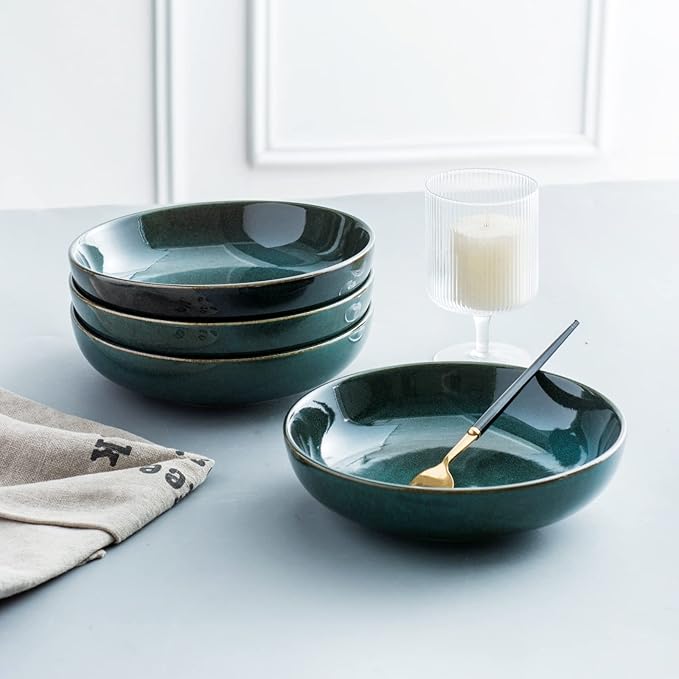 UNICASA Ceramic Pasta and Salad Bowls Set of 4, 26 oz Reactive Glaze Dish Bowls, Microwave and Dishwasher Safe, Olive