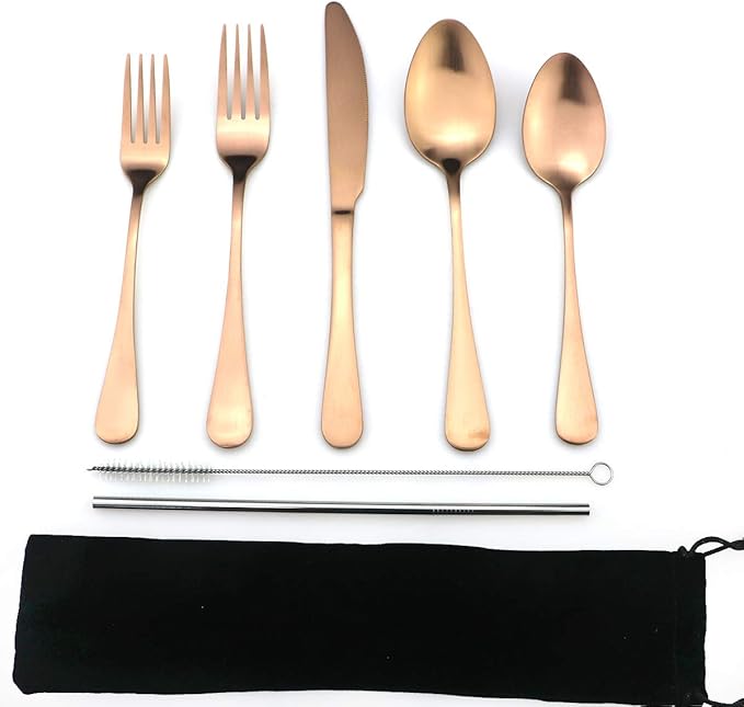 JASHII Modern Royal 5 Pcs Matte Rose Gold 18/10 Stainless Steel Utensils Cutlery Dinnerware Set w/Straw, Knife Fork and Spoon Flatware Set for Wedding Festival Christmas Party Service for 1