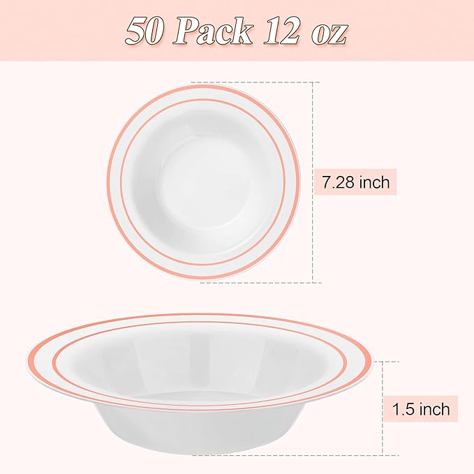 BESTSTAR 50 Pack Disposable Soup Bowls with Rose Gold Rim, 12oz Premium Heavy Duty Plastic Dinner Bowls for Party, Valentine's Day, Wedding and Holiday