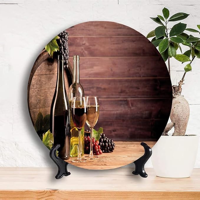 Ceramic Display Plate, Wine Ceramic Hanging Decorative Plate, Still Life of Wine with Wooden Keg Rustic, 6 Inch, Living Room Kitchen Decoration Household, Brown Green Light Brown
