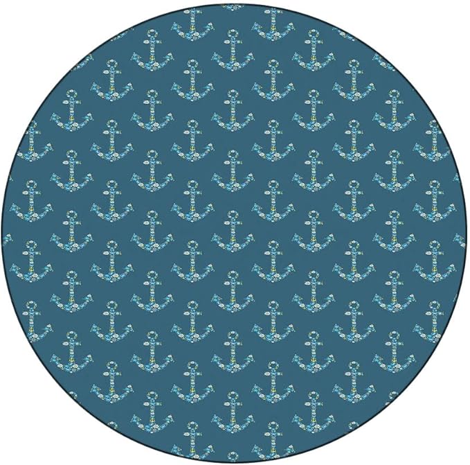 Round Edge Closing Tablecloth, Nautical Elastic Edged Tablecloth, Anchors Maritime Theme Decor, Fit Round Tables 56inch Diameter, for Dining Room/Party/Banquet Decoration, Petrol Blue Beige