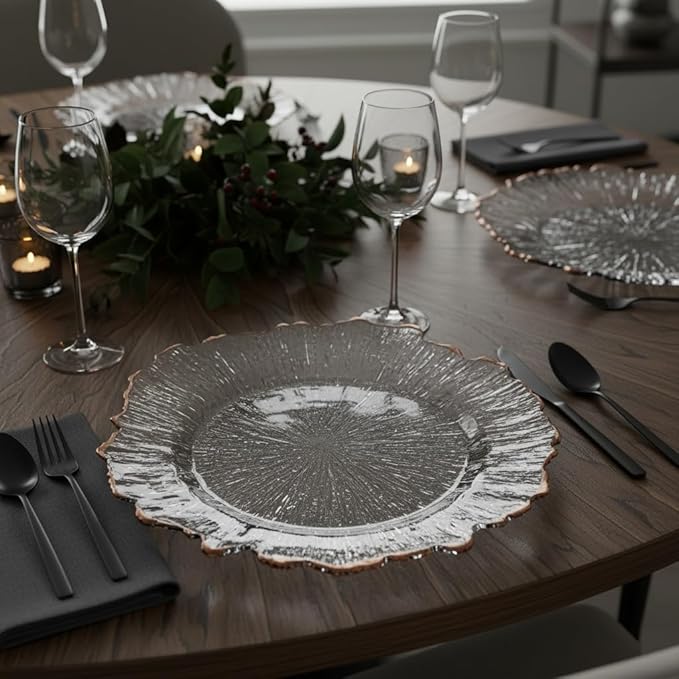LOYALHEARTDY 25 Pack 13 Inch Charger Plates, Clear Plastic Reef Rim Charger Plates with Rose Gold Rim, Round Decorative Underplates for Wedding, Party, Dinner Table